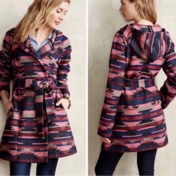 ANTHROPOLOGIE TABITHA | Leona Wrap Hooded Coat Aztec
Print Blue & Pink Sz. XS - Picture 5 of 5